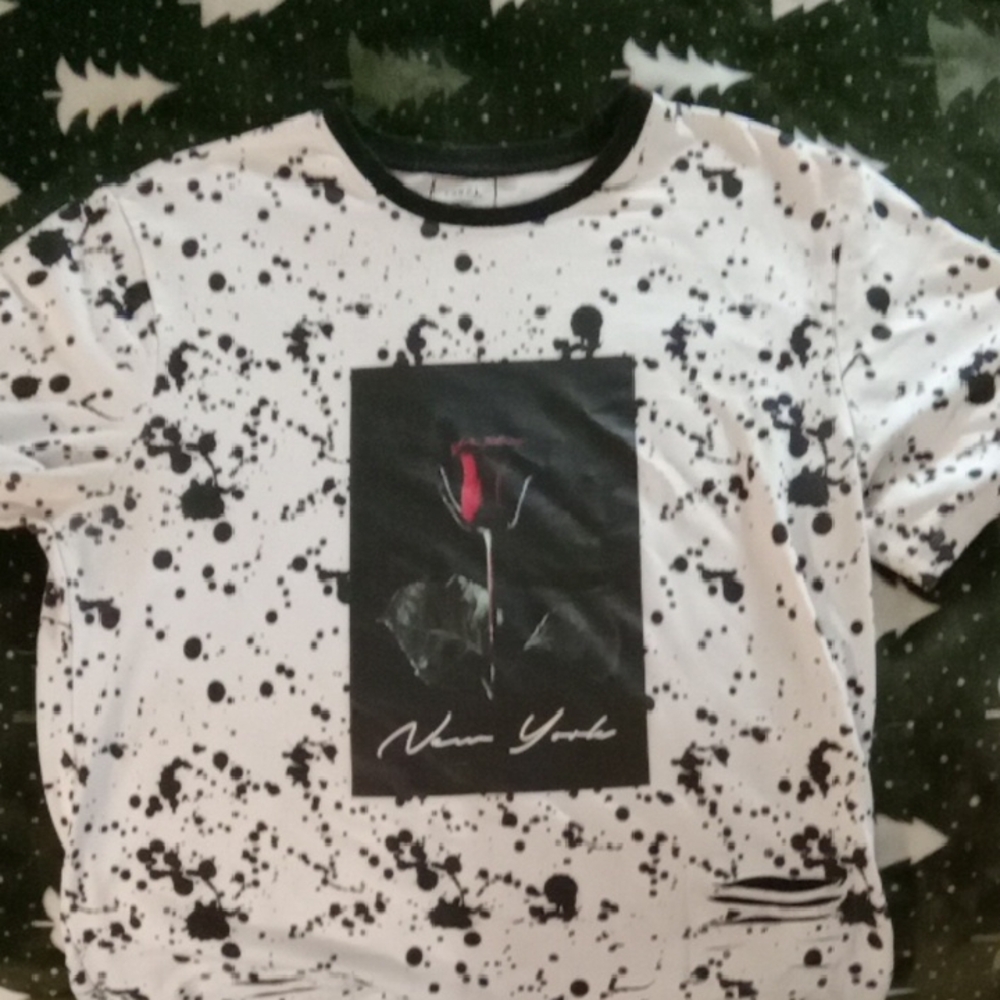 Black and White Splatter T-Shirt with Rose Graphic